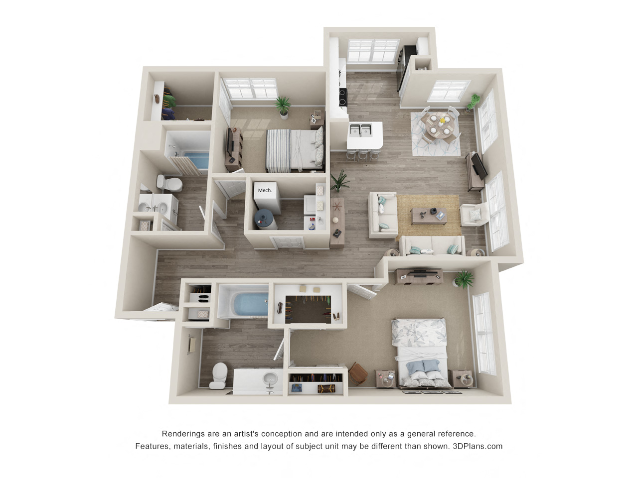 Floor plan for 2 beds, 2 baths, 1139 sqft